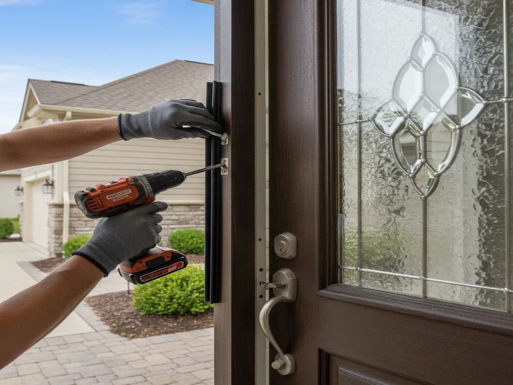 Technician repairing an exterior door and weatherstripping — Door Repair in Kuna, Ada County, Idaho
