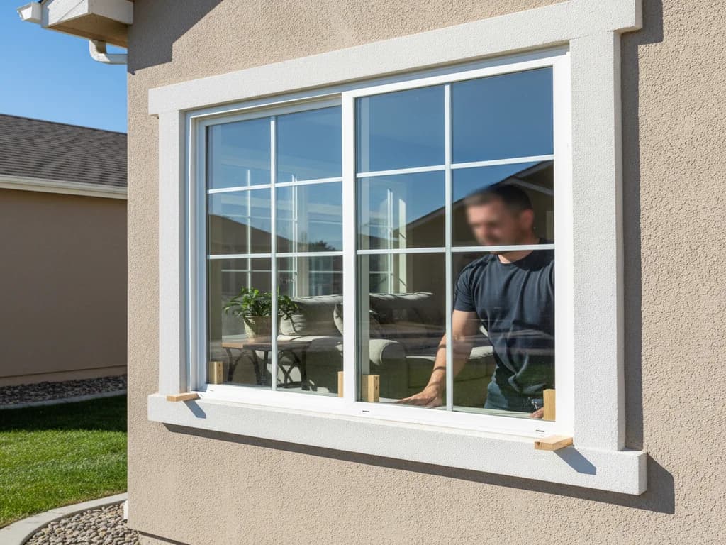 Installer setting a new vinyl-framed double-hung replacement window in a home